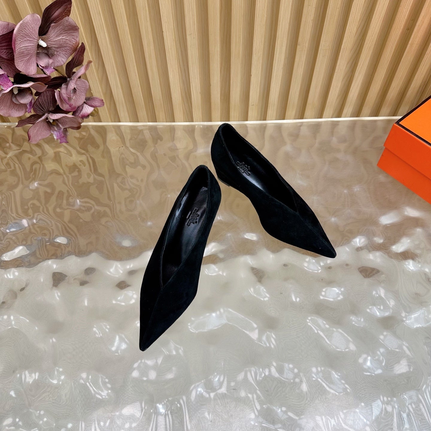 HERMES 25S HIGH-HEEL WEDGE SHOES 50 MM IN BLACK SUEDE