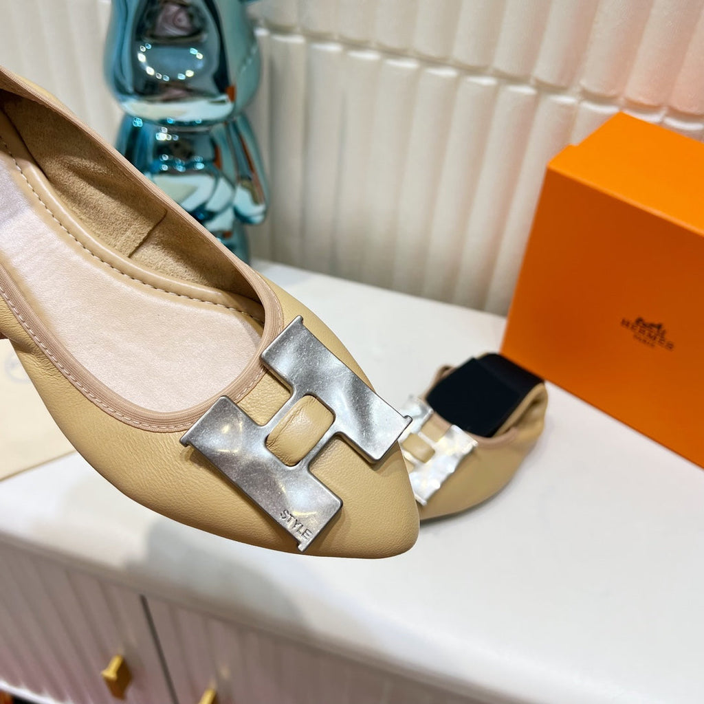 HERMES H-BUCKLE BALLLET FLAT BEIGE CALFSKIN