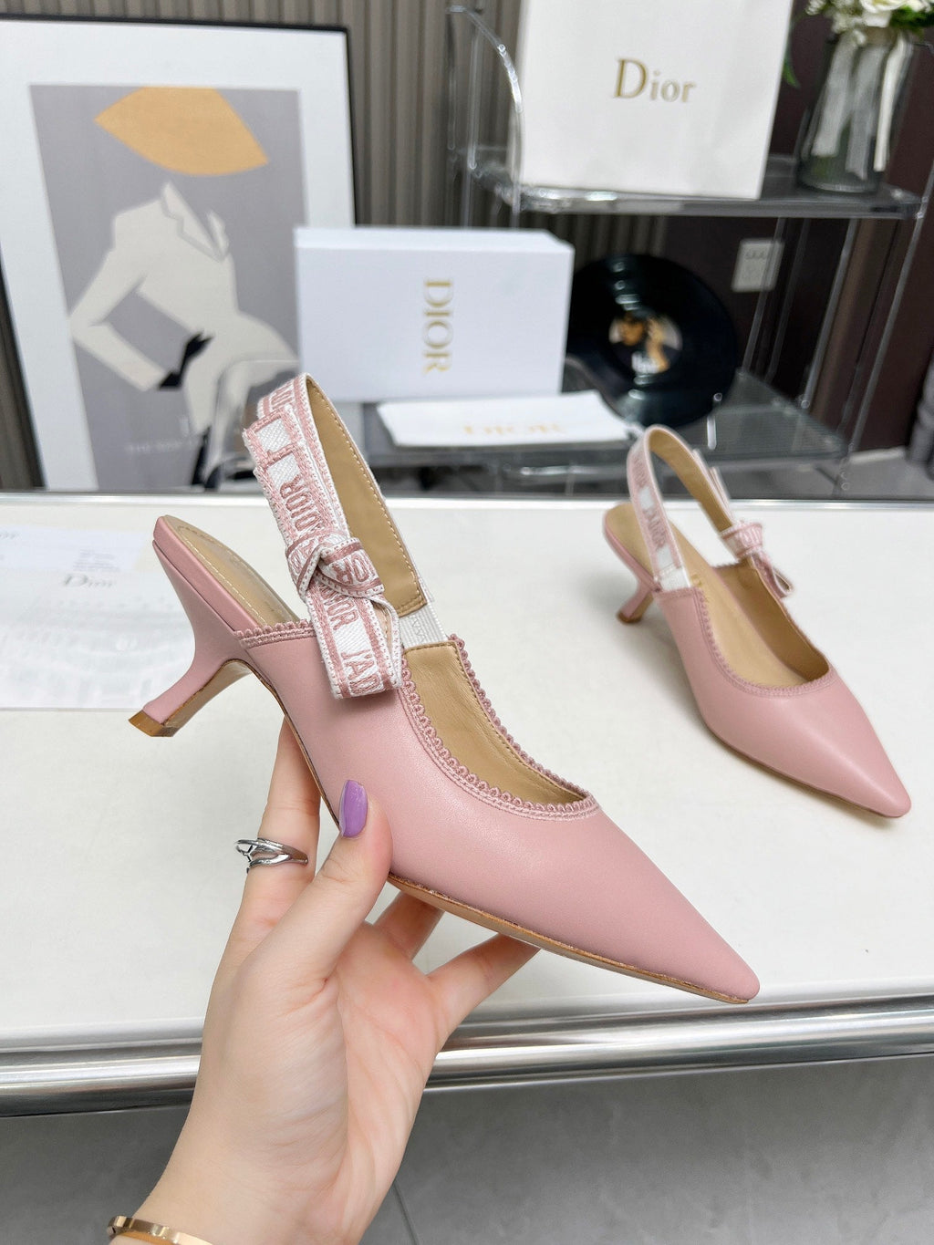 DIOR J'A SLINGBACK PUMP LIGHT PINK CALFSKIN AND EMBROIDERED FABRIC 65 MM