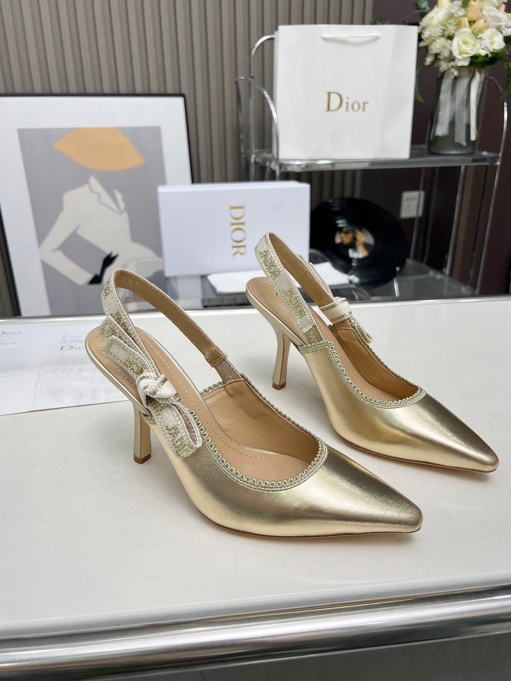 DIOR J'A SLINGBACK PUMP LIGHT GOLD CALFSKIN AND EMBROIDERED FABRIC 10 CM