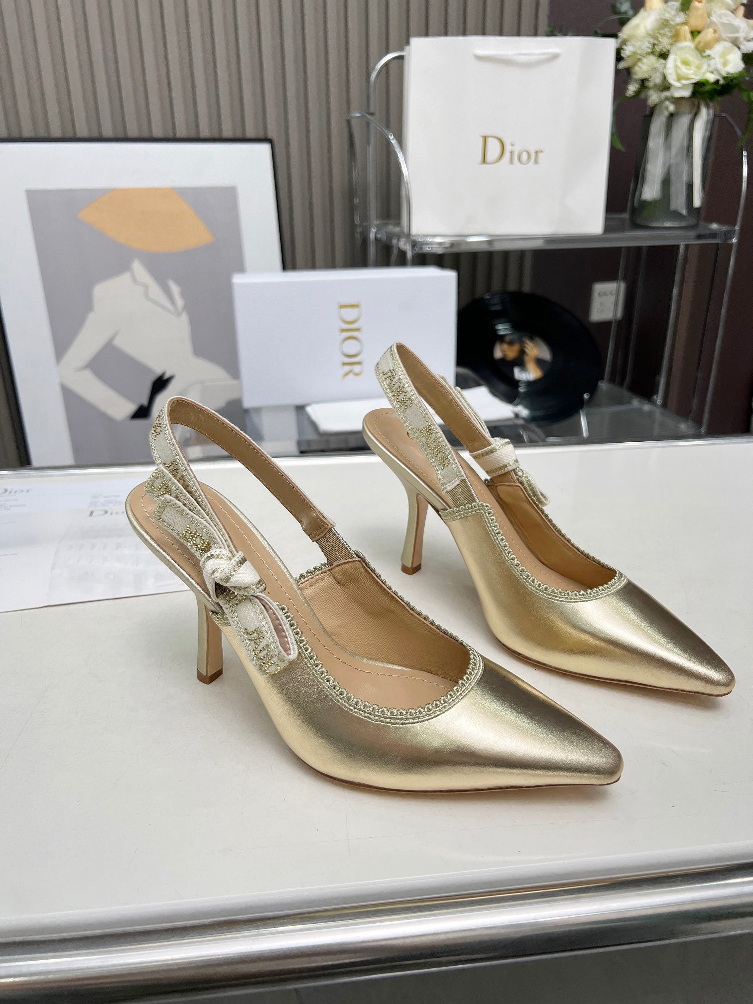 DIOR J'A SLINGBACK PUMP LIGHT GOLD CALFSKIN AND EMBROIDERED FABRIC 10 CM