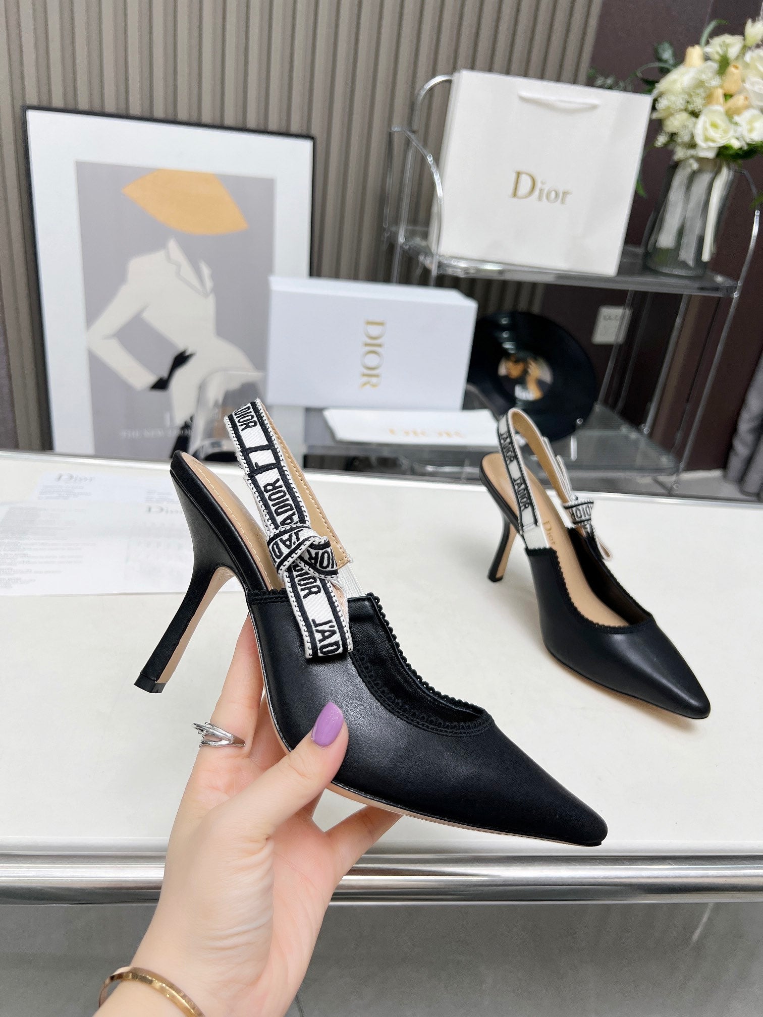 DIOR J'A SLINGBACK PUMP BLACK CALFSKIN AND BLACK EMBROIDERED FABRIC 10 CM