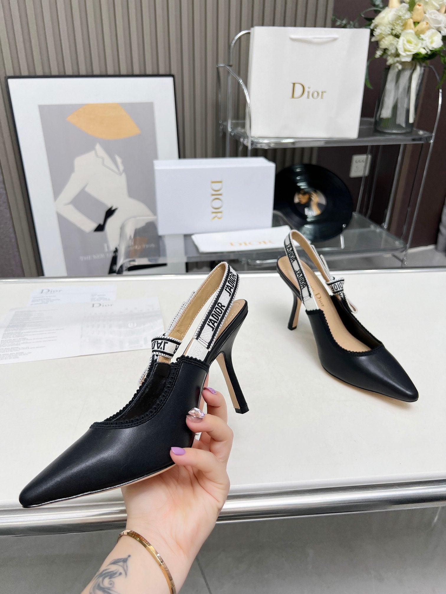 DIOR J'A SLINGBACK PUMP BLACK CALFSKIN AND BLACK EMBROIDERED FABRIC 10 CM