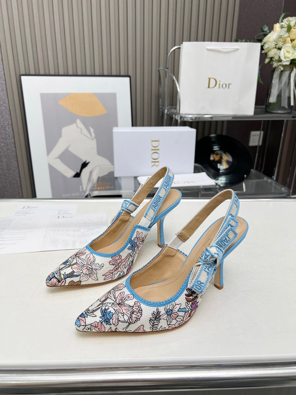 DIOR J'A SLINGBACK PUMP COLORFUL NATURAL RAFFIA AND EMBROIDERED COTTON 10 CM 130858