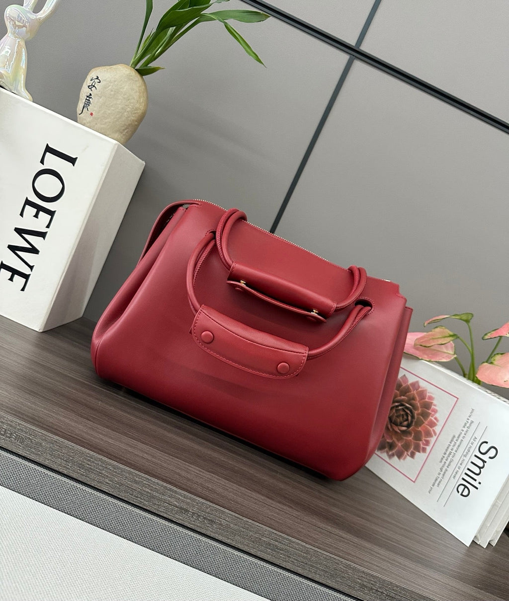 LOEWE 25S MADRID BAG 28 IN CHERRY RED CALFSKIN GOLD HARDWARE