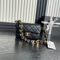 CHANEL SMALL FLAP BAG 21 IN BLACK CALFSKIN GOLD DOUBLE C THICK CHAIN