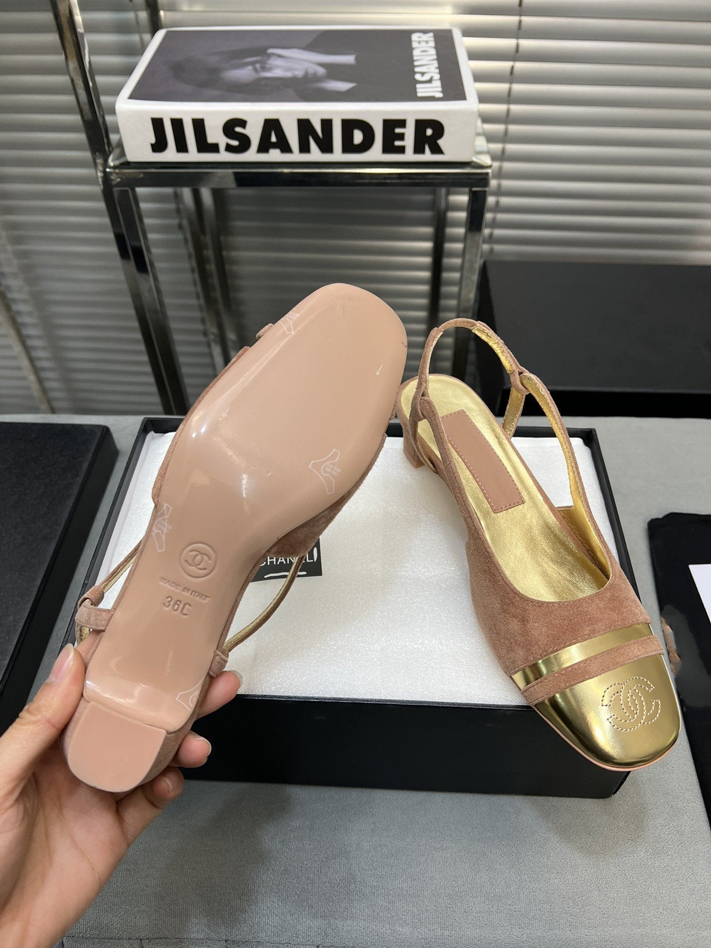 CHANEL slingback rose suede gold metalic lambskin square toe 5.0