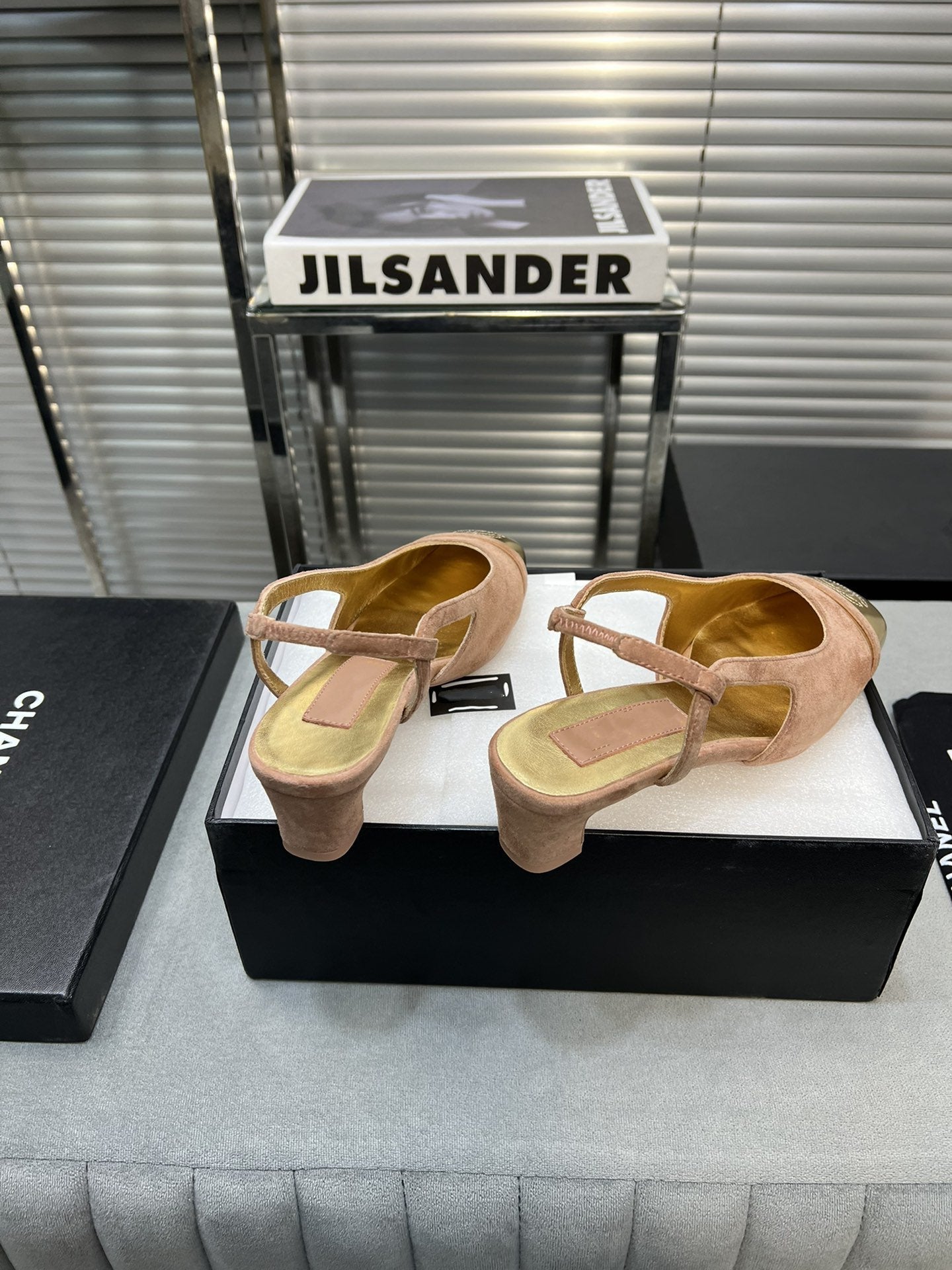 CHANEL slingback rose suede gold metalic lambskin square toe 5.0