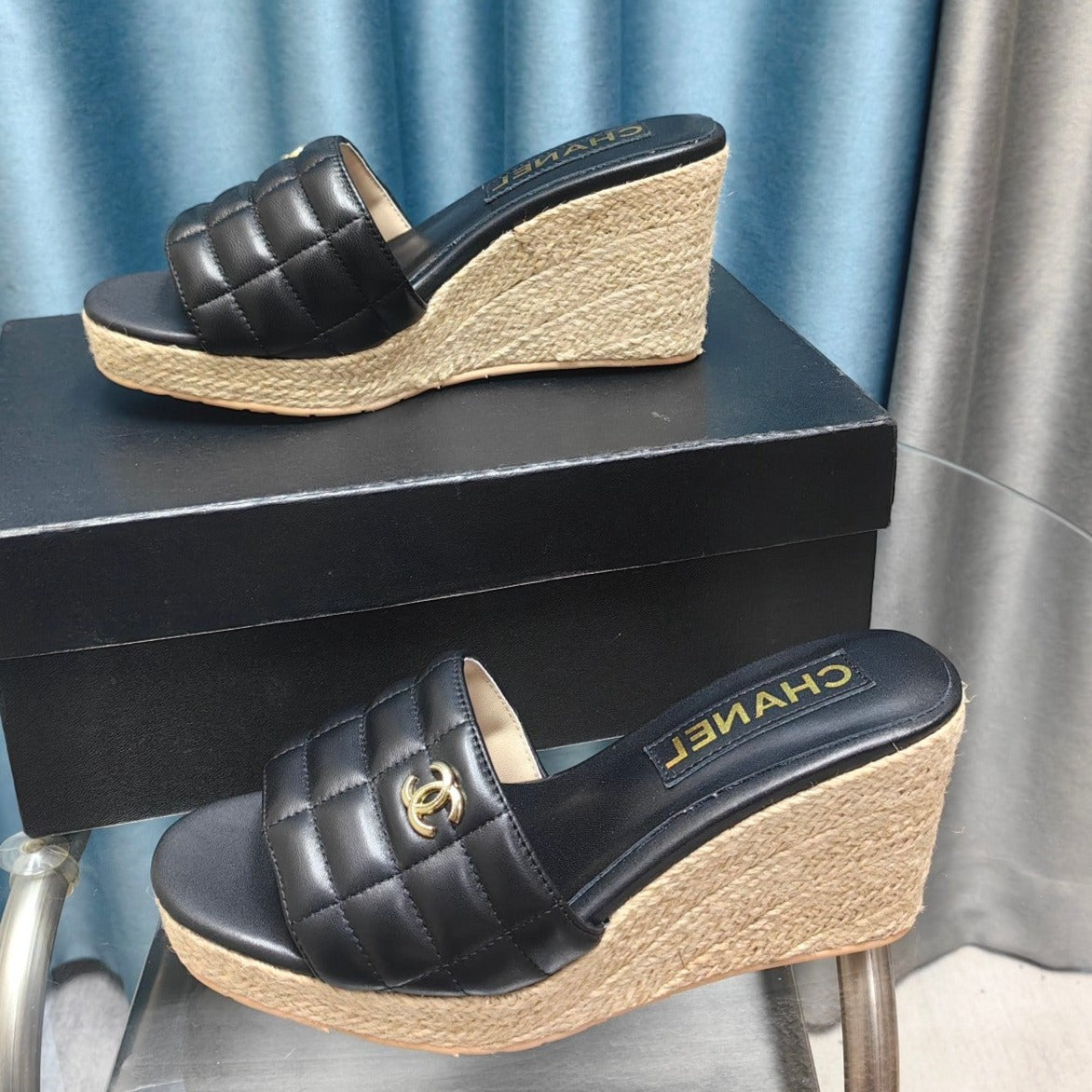 CHANEL WEDGE BLACK SHEEPSKIN