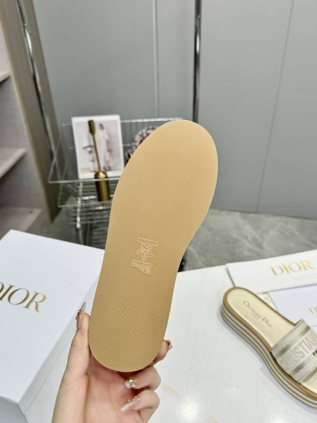 DIOR CD DWAY PLATFORM SLIDE IN SAGE GREEN AND WHITE COTTON STRIPED SOLE