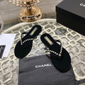CHANEL PEARL THONG SANDAL IN BLACK SUEDE