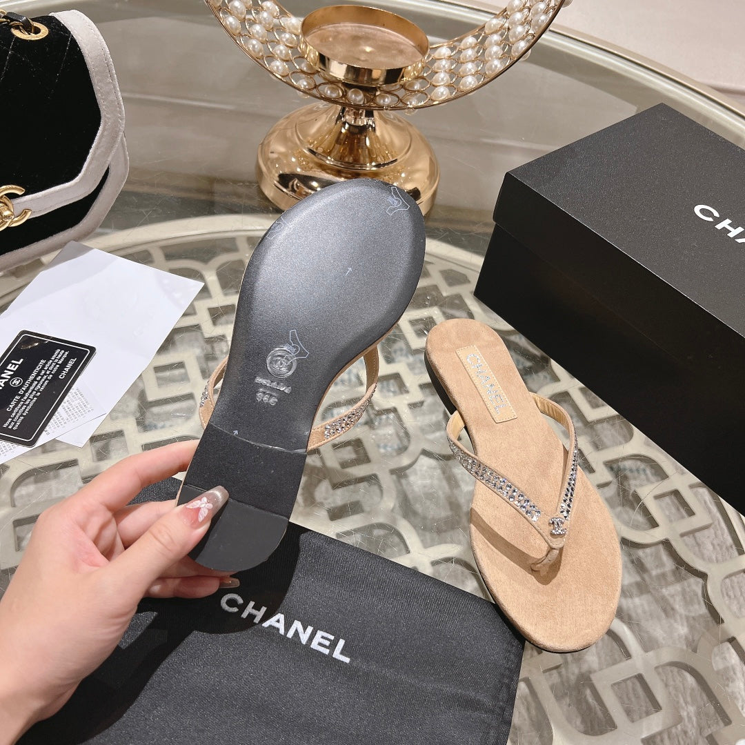 CHANEL RHINESTONES THONG SANDAL IN SEPIA TAN SUEDE