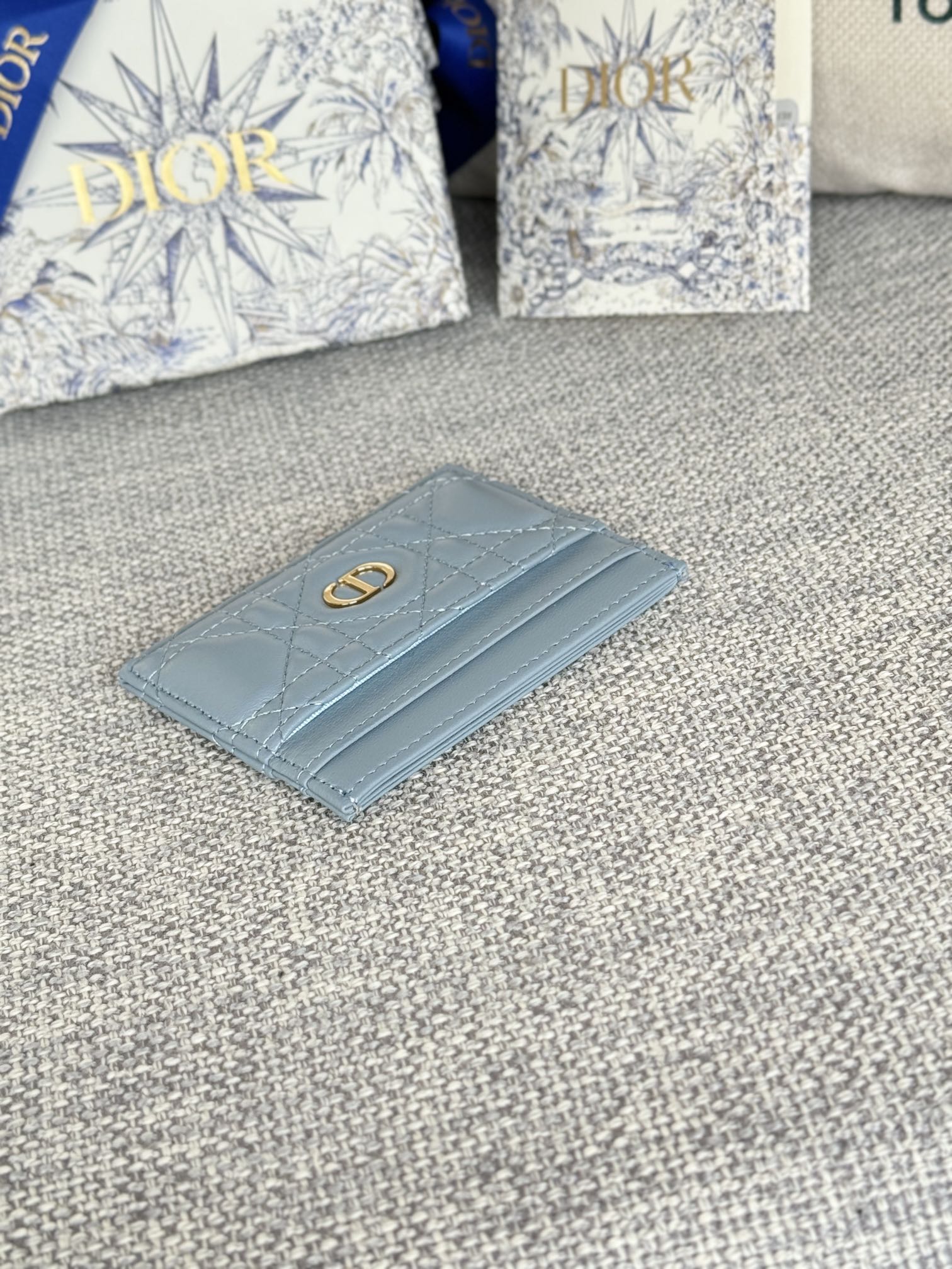 DIOR CARO FREESIA CARD HOLDER 10 IN BABY BLUE CANNAGE CALFSKIN