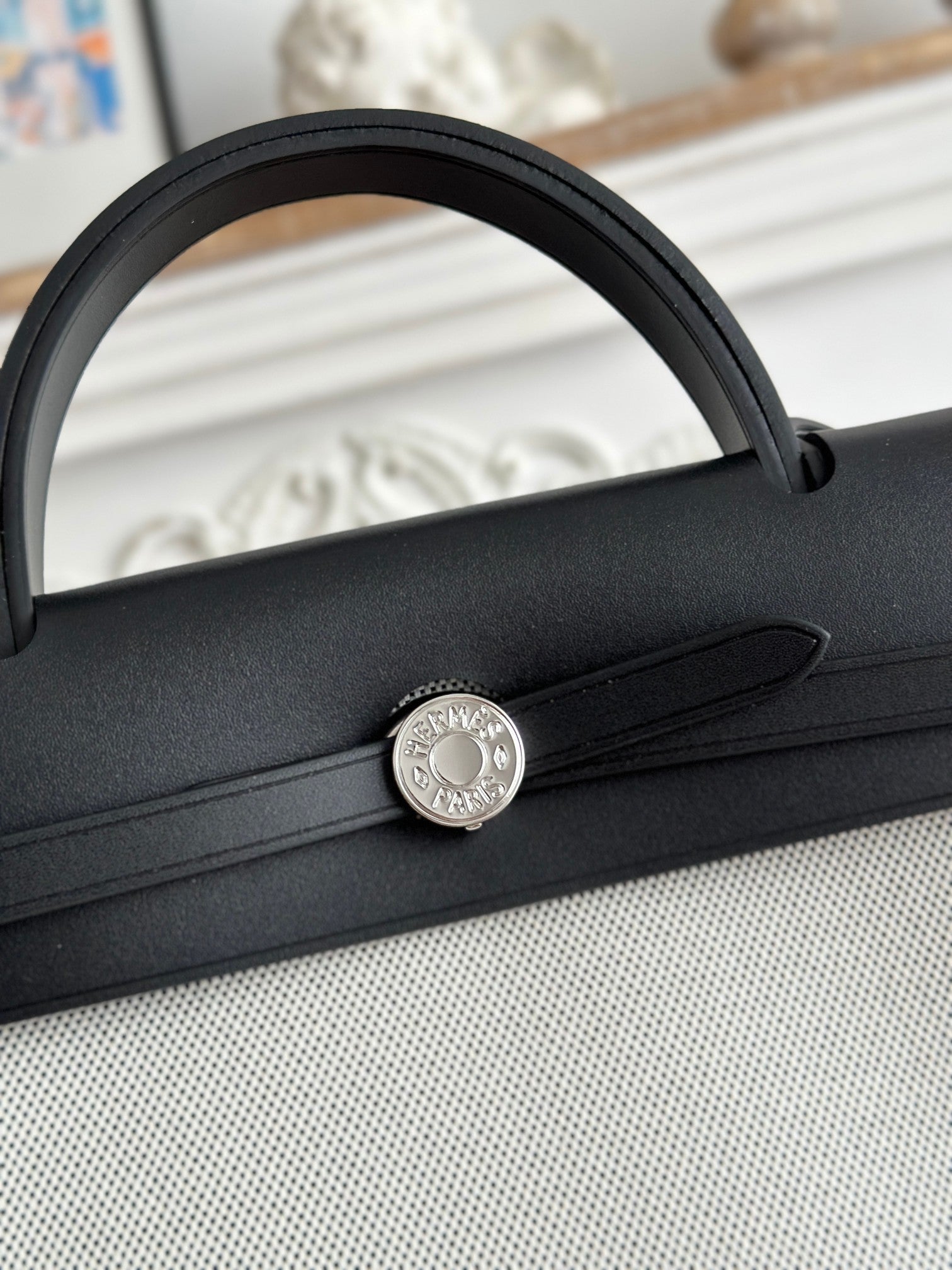 HERMES ZIP CABINE 31 BAG IN PALE GRAY CANVAS AND BLACK CALFSKIN