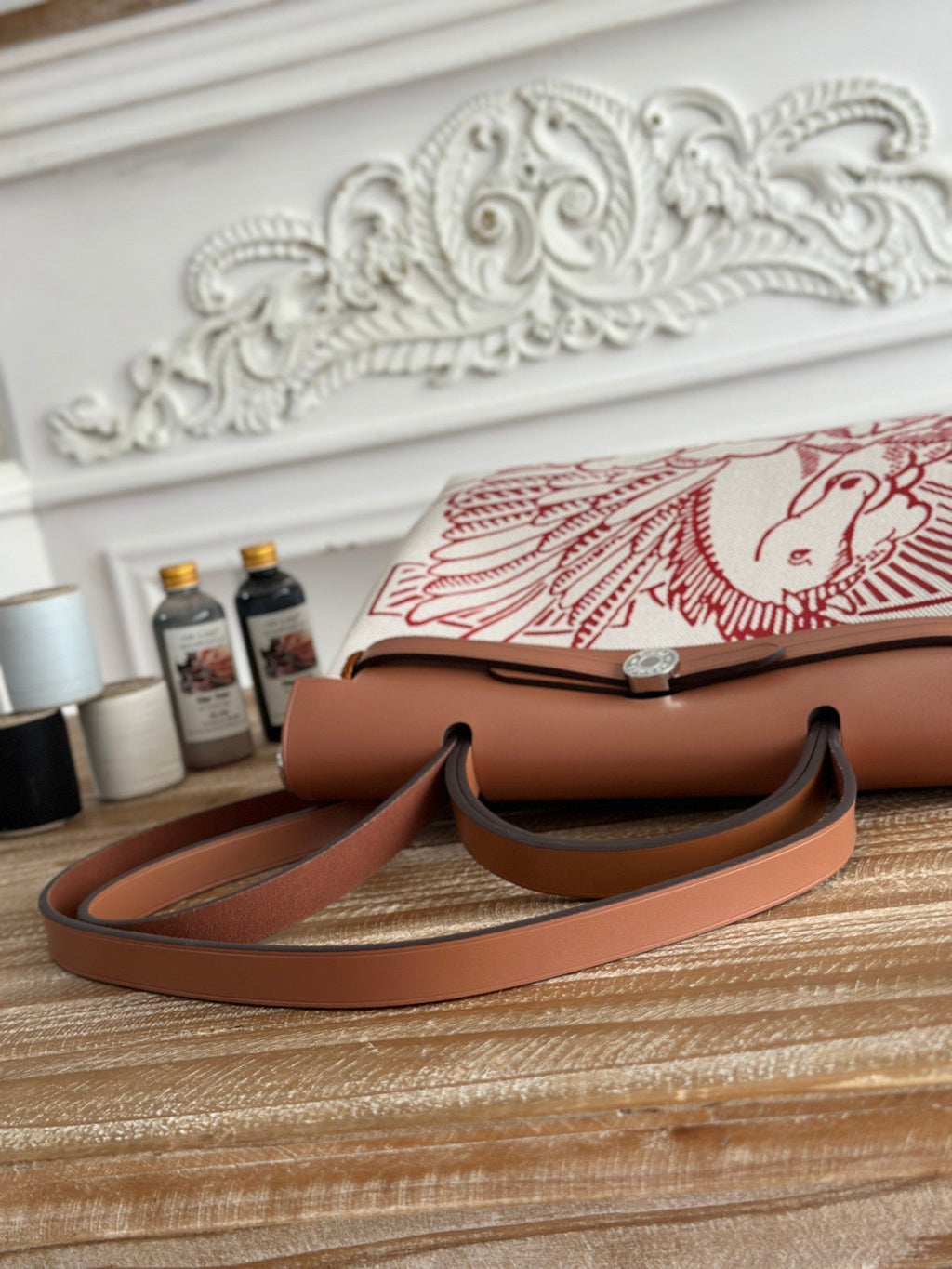 HERMES HERBAG ZIP 31 RETOURNE PEGASE POP BAG IN OFF-WHITE MIX RED CANVAS AND HUNTER COWHIDE