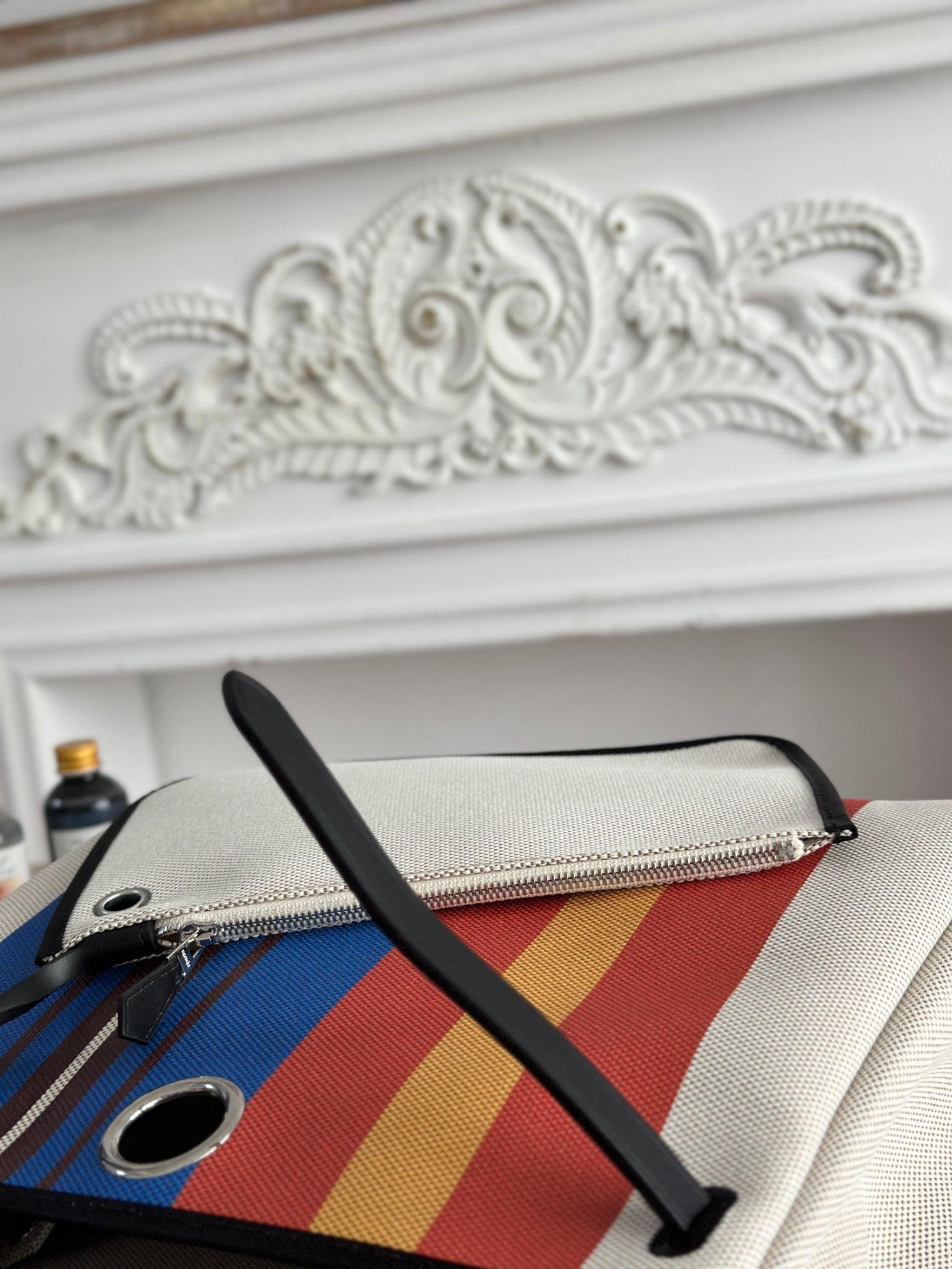 HERMES HERBAG ZIP 31 LAQUERED BAG IN BLUE MIX RED H PLUME CANVAS