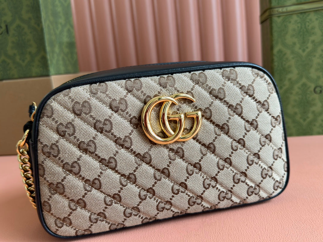 GUCCI MARMONT MEDIUM SHOULDER BAG 24 IN BEIGE AND BROWN  CANVAS BLACK CALFSKIN