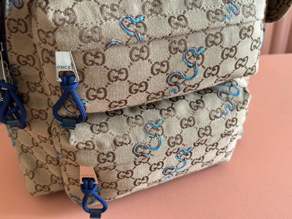 GUCCI BACKPACK 40 IN BEIGE AND BROWN CANVAS BLUE SNAKE EMBROIDERY