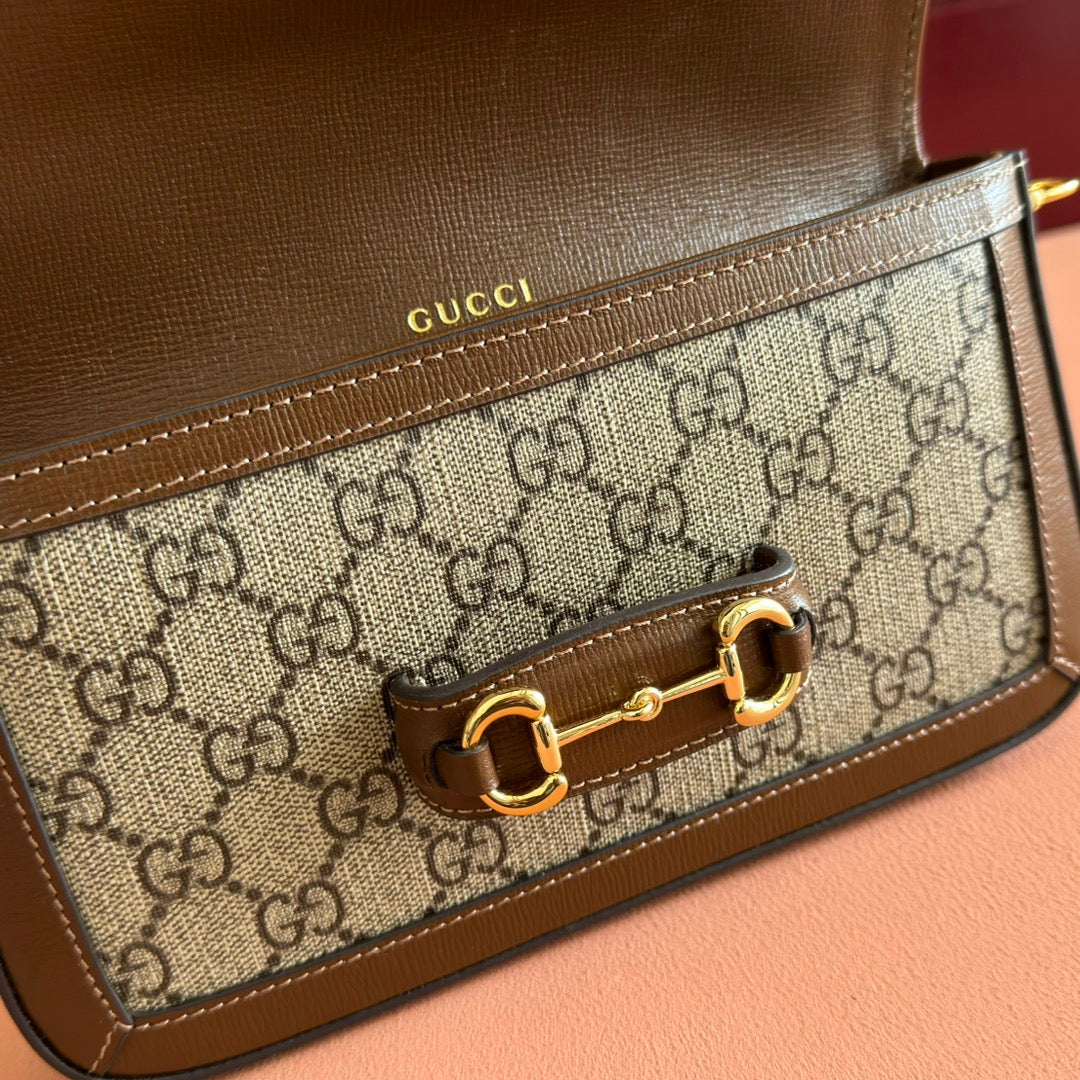 GUCCI HORSEBIT 1955 SMALL 21.5 IN BEIGE EBONY  SUPREME BROWN CALFSKIN GOLD HARDWARE