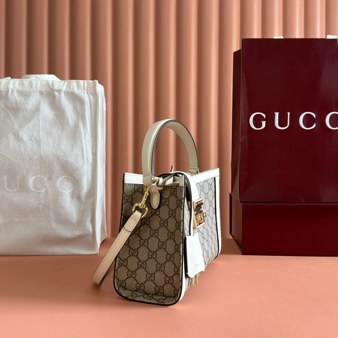 GUCCI 26S PADLOCK TOP HANDLE BAG 25 IN DARK BEIGE AND WHITE CALFSKIN