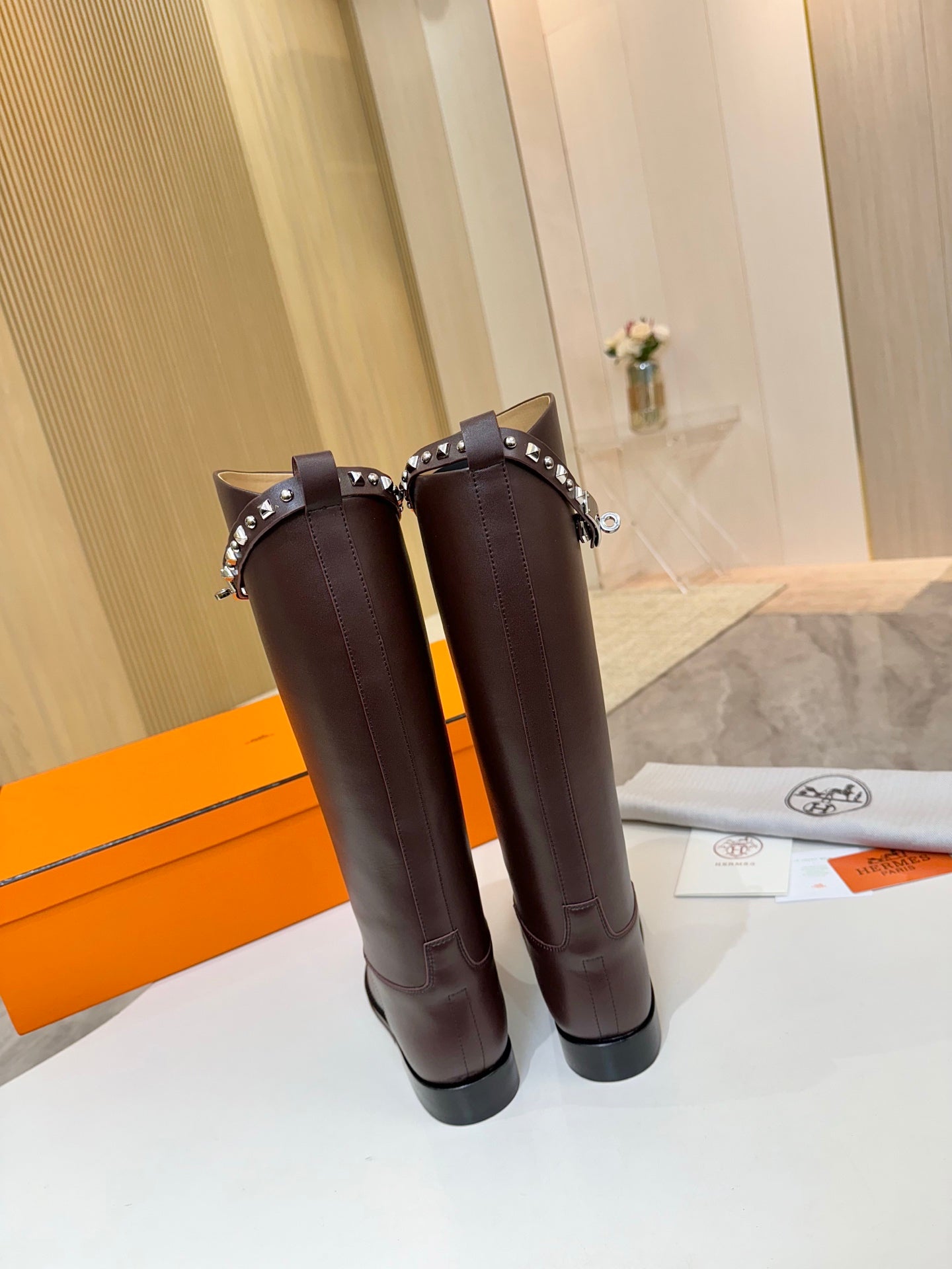 HERMES 25S KNEE-HIGH FLAT BOOTS IN DARK BROWN LAMBSKIN WITH SILVER HARDWARE