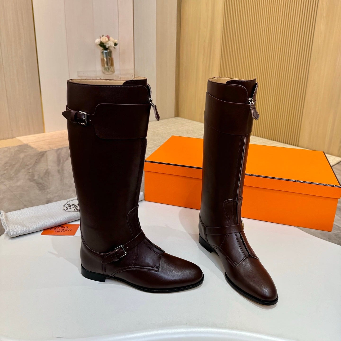 HERMES 25S RIDING BOOTS IN DARK BROWN LAMBSKIN WITH SILVER HARDWARE