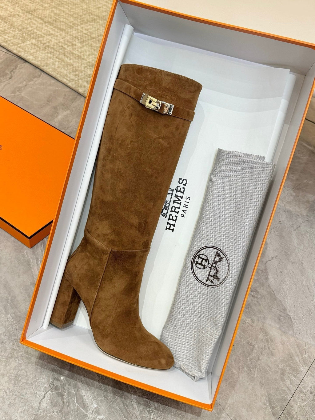 HERMES 25S KELLY KNEE-HIGH BOOTS IN BROWN SUEDE WITH SILVER HARDWARE