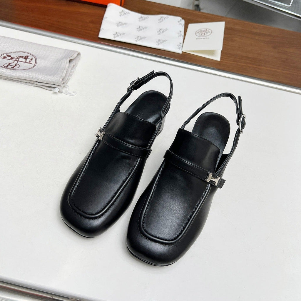 HERMES SQUARE TOE SLINGBACK BLACK CALFSKIN