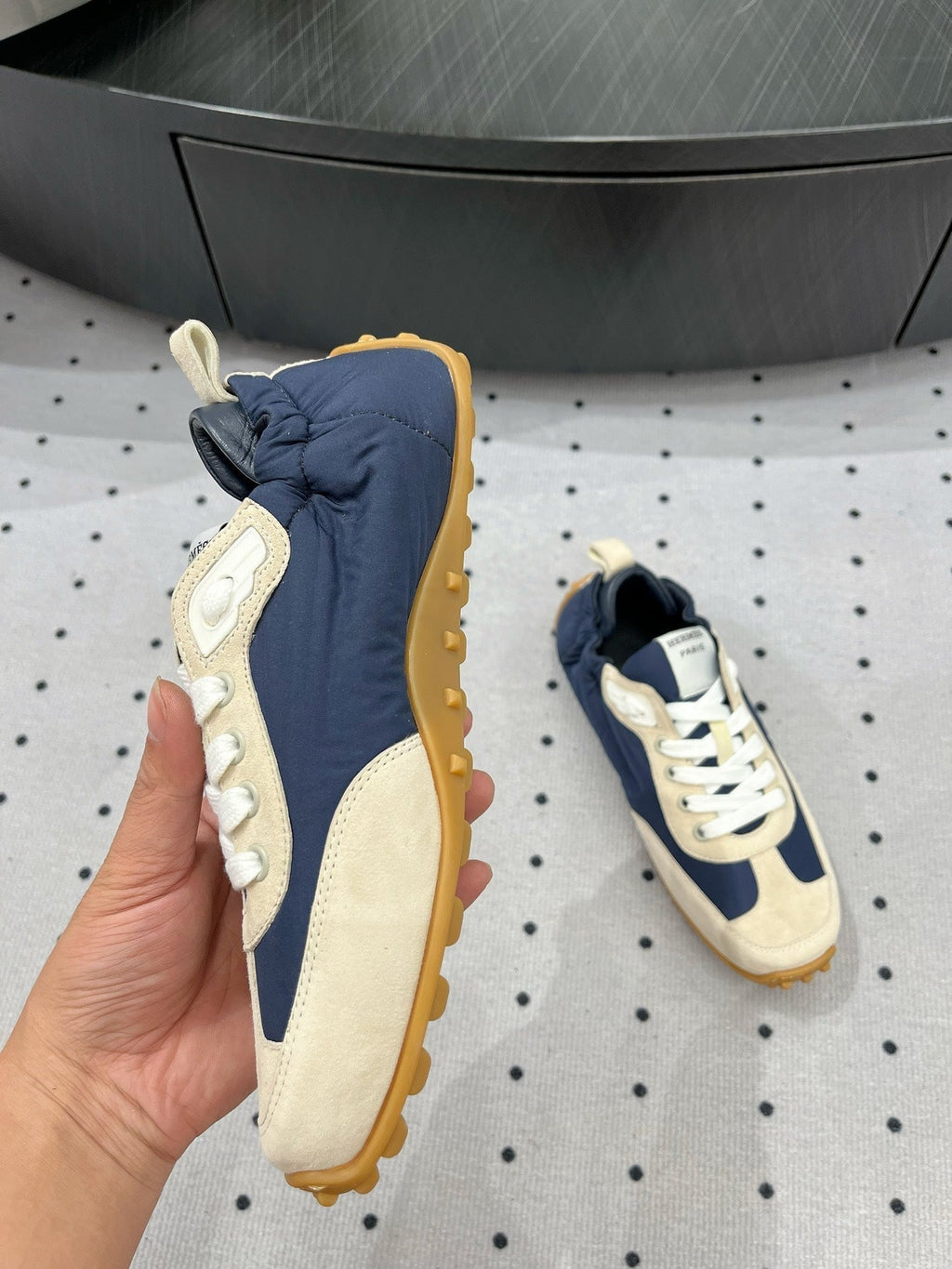 HERMES TRAIL SNEAKER IN IVORY TAN MIX SPACE BLUE SUEDE