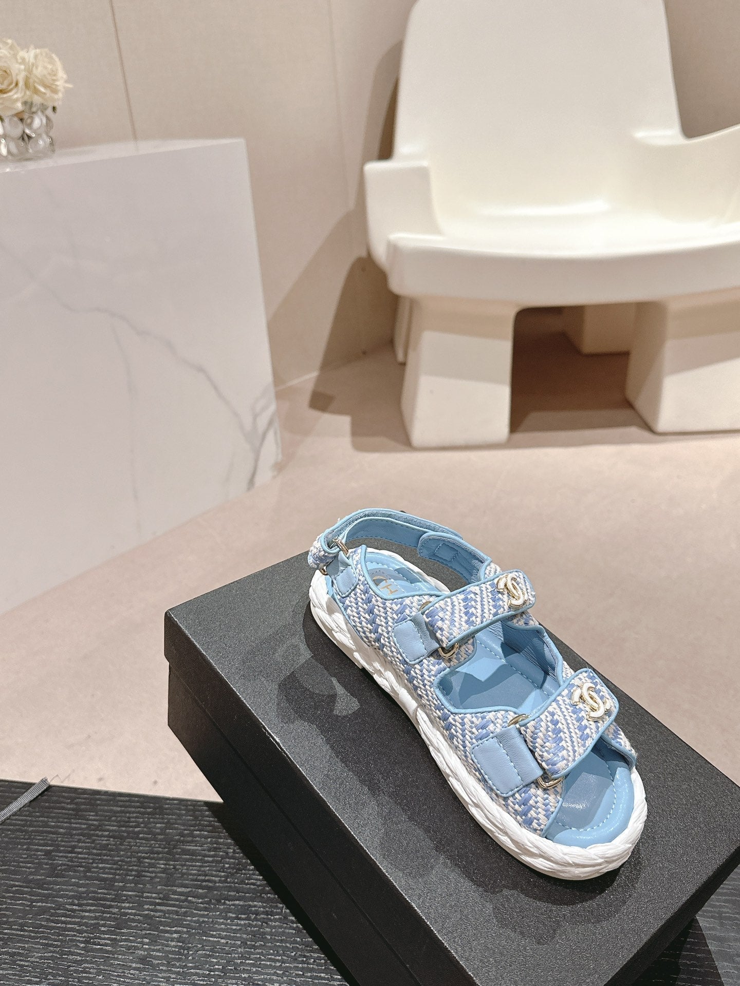 CHANEL DAD SANDALS IN LIGHT BLUE CALFSKIN