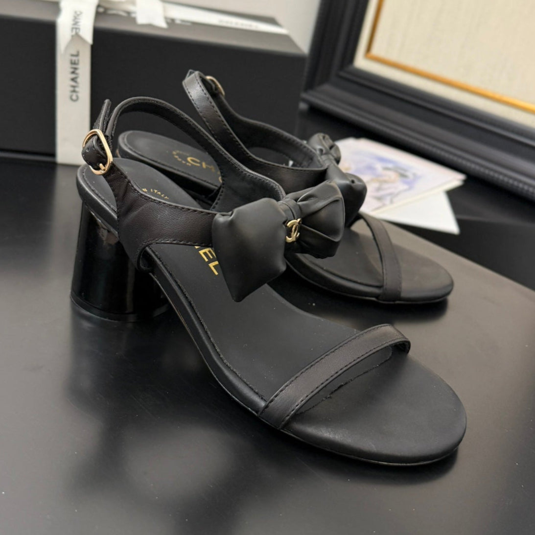 CHANEL MID HEEL SANDALS IN BLACK CALFSKIN WITH BOW