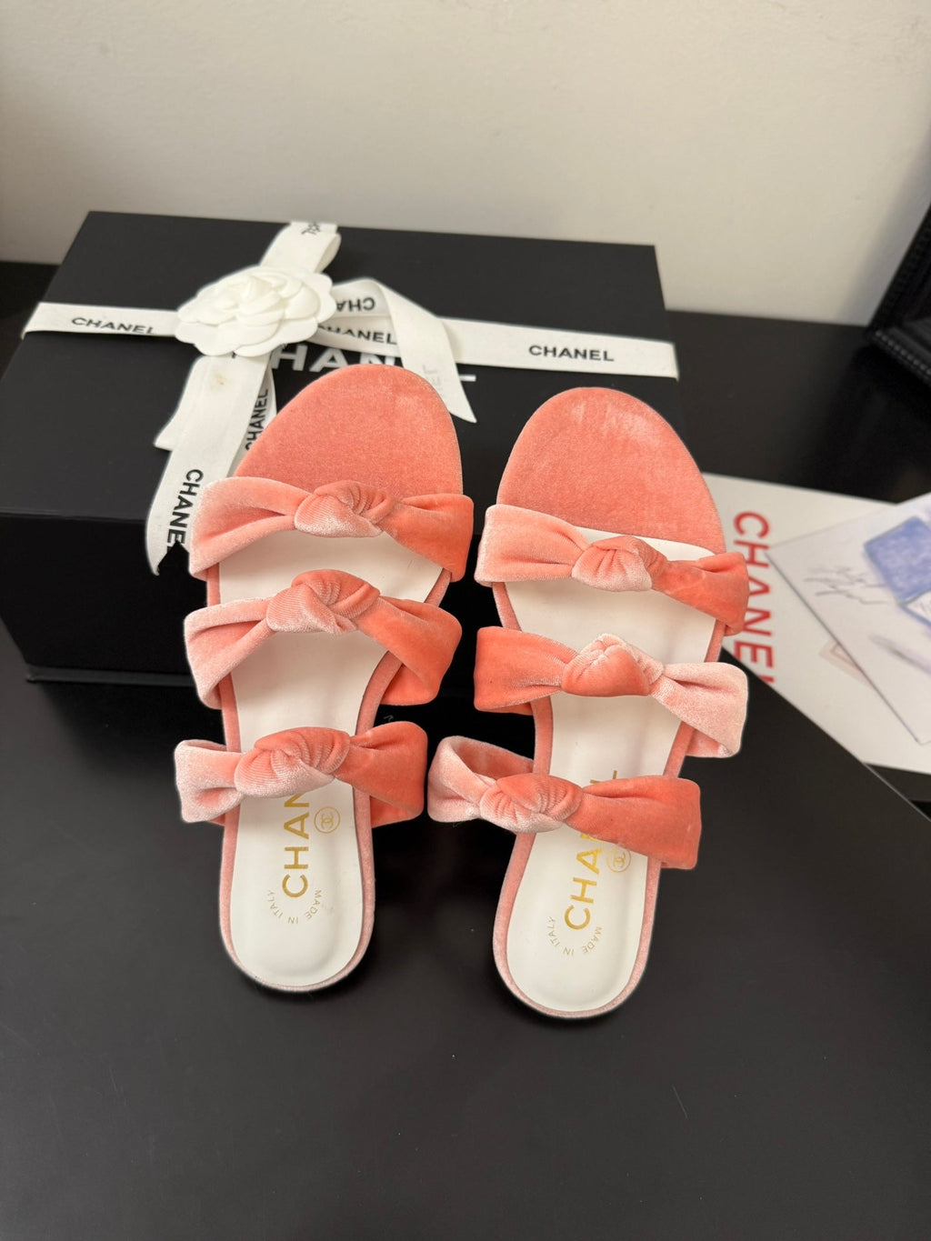 CHANEL 25C Three Strap Mule Pink Velvet fabric 233561