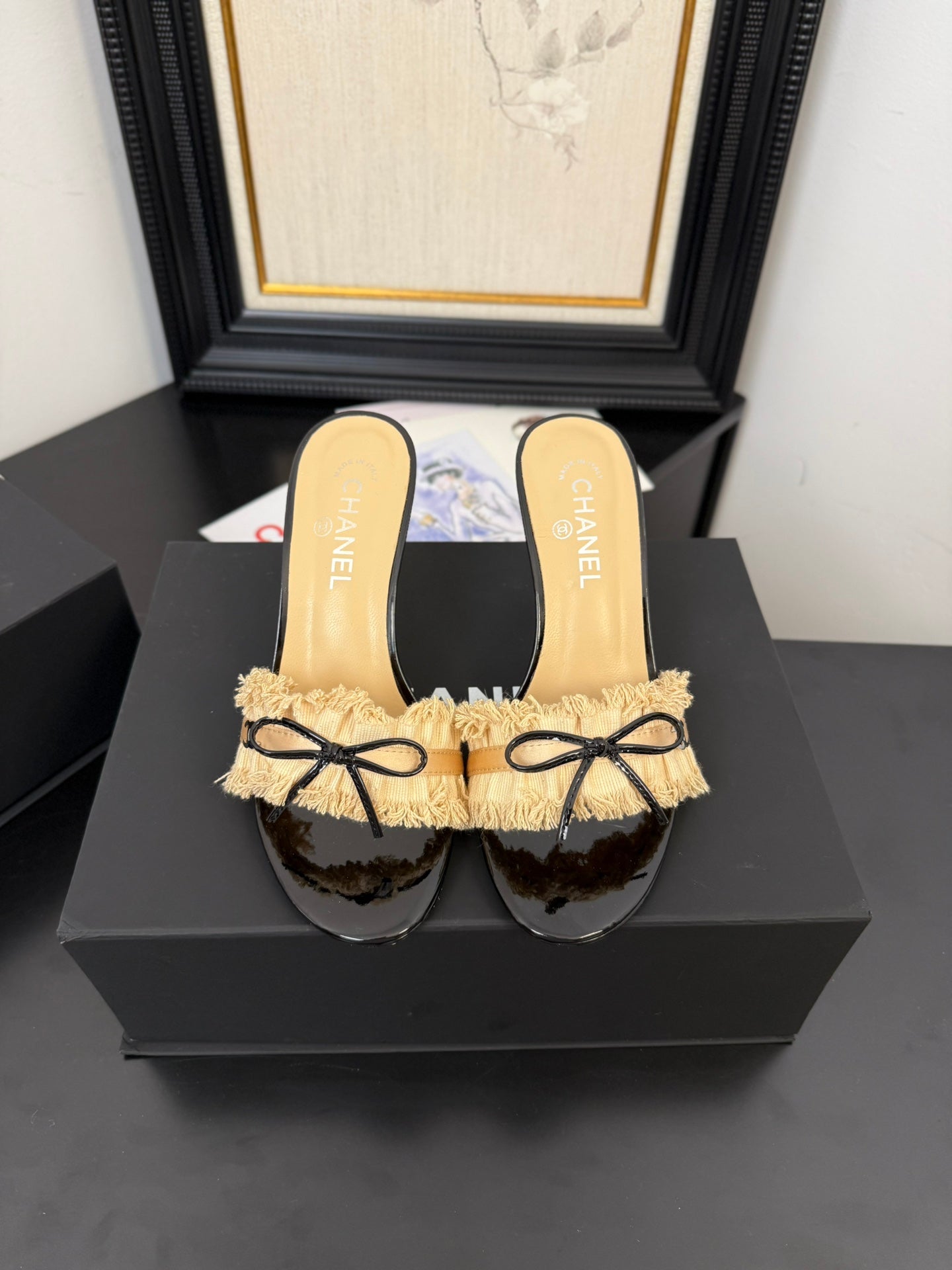 CHANEL SAND YELLOW GROSGRAIN CANVAS BOW MULE SANDALS 90 MM