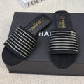 CHANEL FLAT SLIDE IN BLACK SUEDE WITH SILVER CHAIN