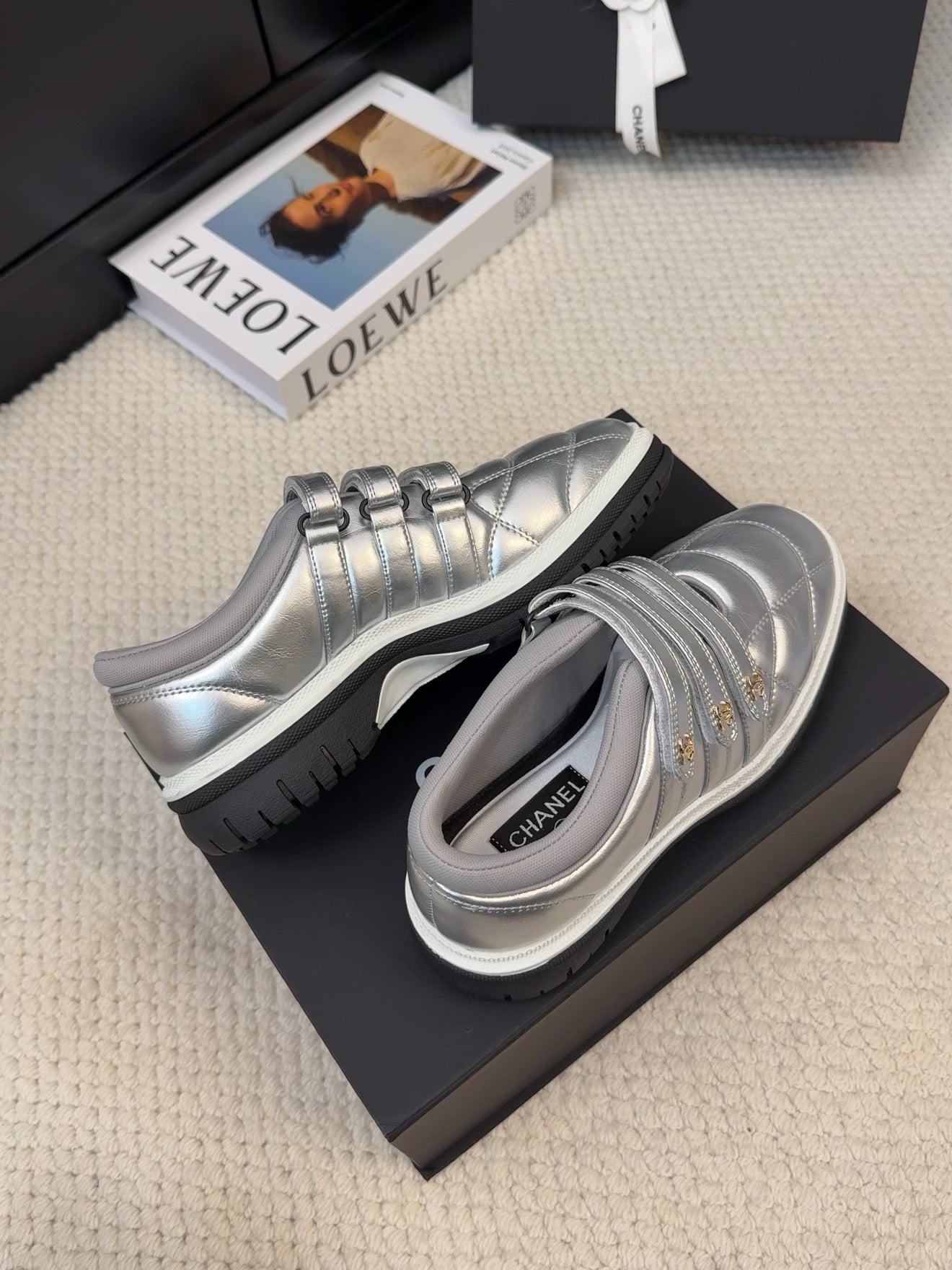 CHANEL SNEAKERS WITH THREE STRAPS IN SILVER CALFSKIN