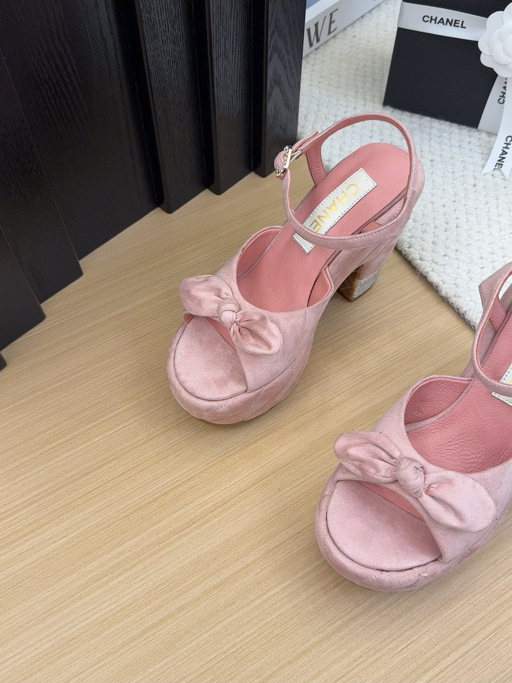 CHANEL HIGH 12 CM PLATFORM SANDALS IN BLUSH PINK SUEDE