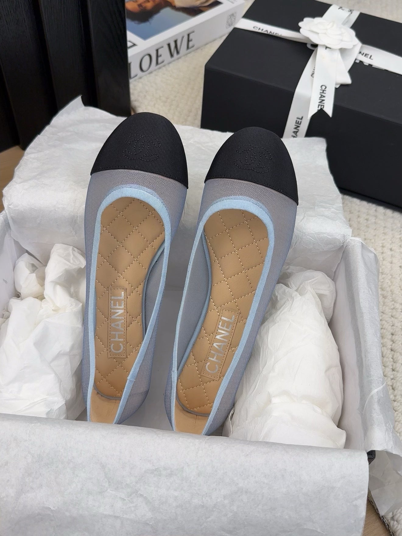 CHANEL BALLET FLAT IN BLACK FABRIC AND BABY BLUE MESH
