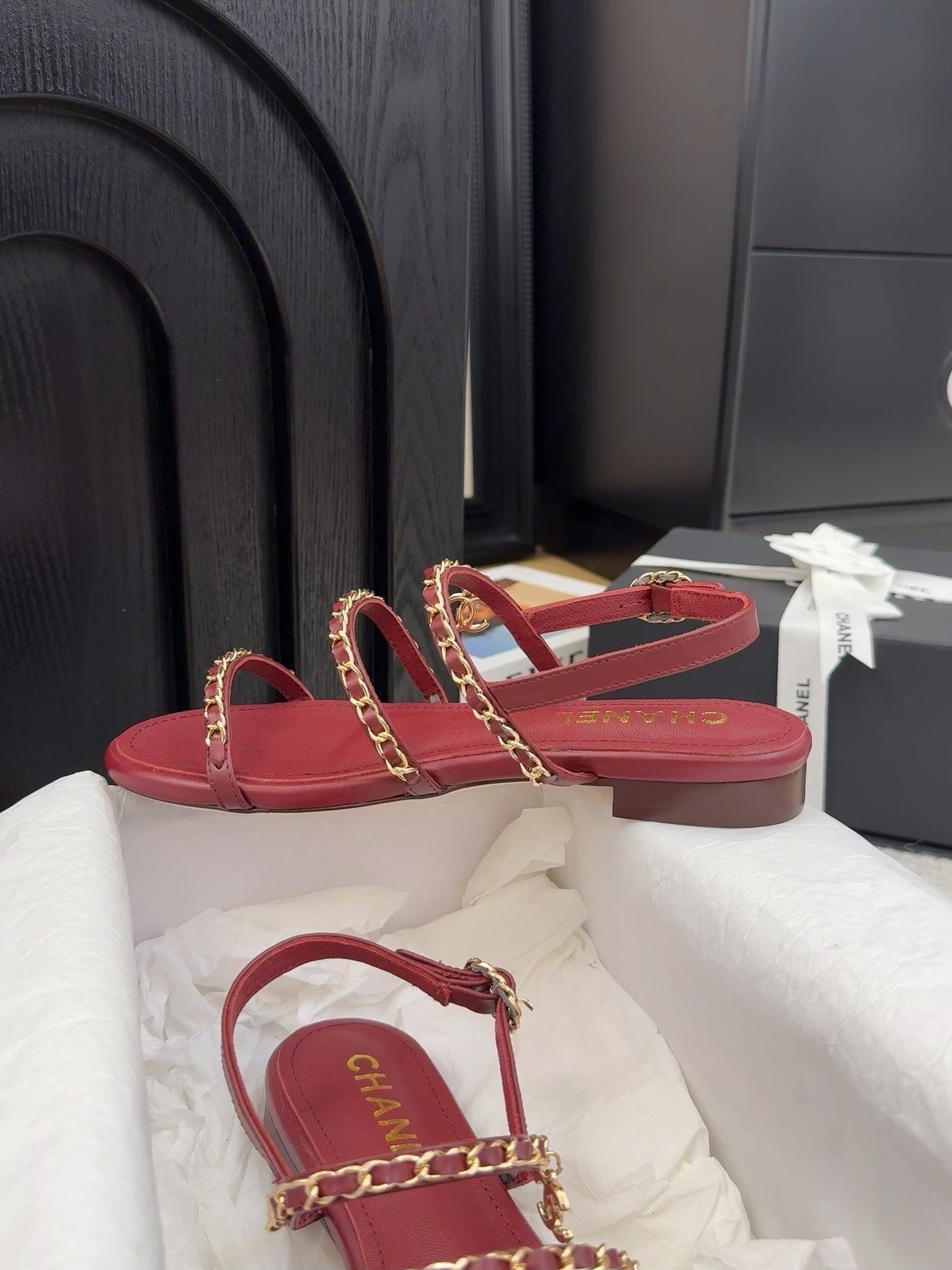 CHANEL THREE-STRAPS SANDALS IN JAM RED CALFSKIN WITH GOLD HARDWARE