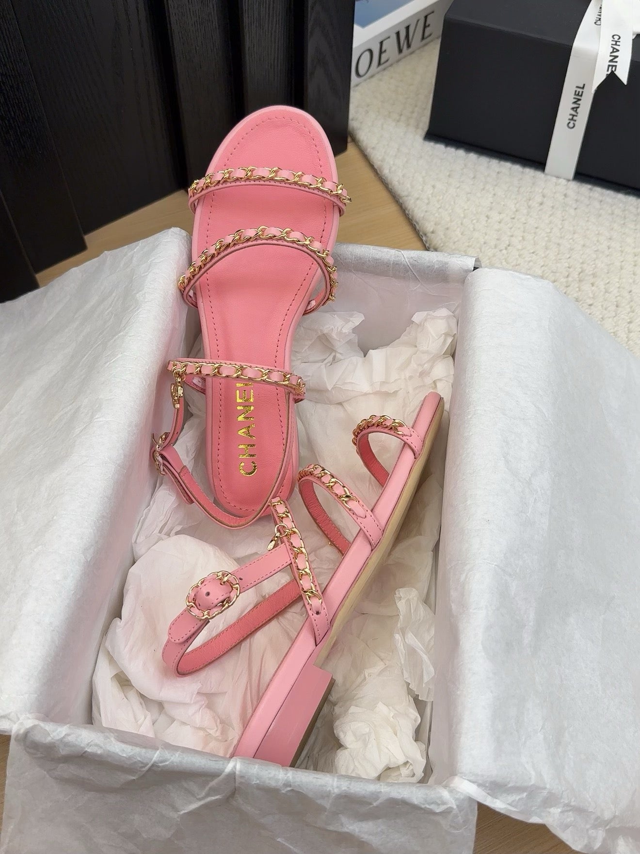 CHANEL THREE-STRAPS SANDALS IN FLAMINGO PINK CALFSKIN WITH GOLD HARDWARE
