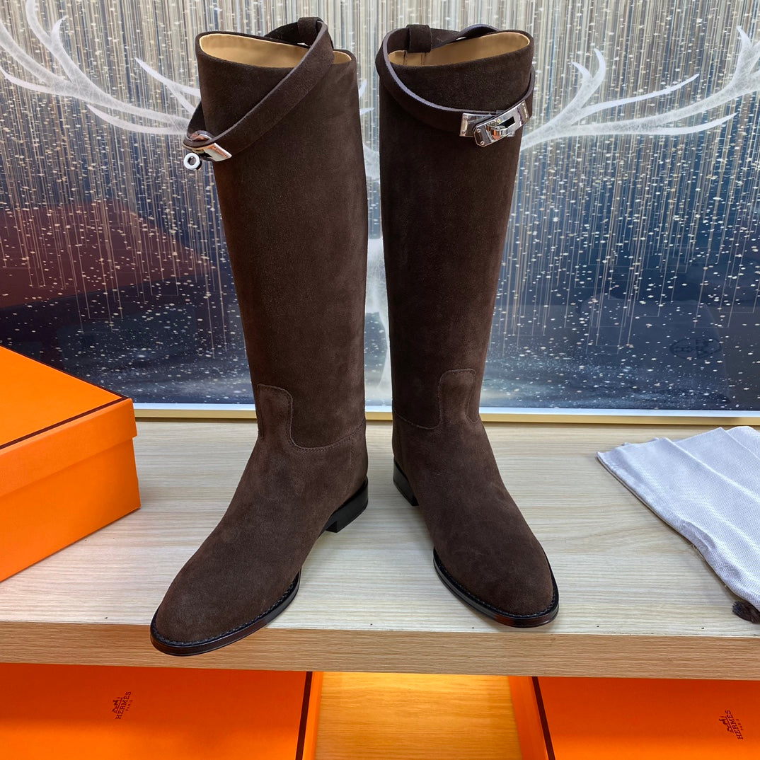 HERMES KNEE HIGH BOOTS IN CHOCOLATE BROWN SUEDE