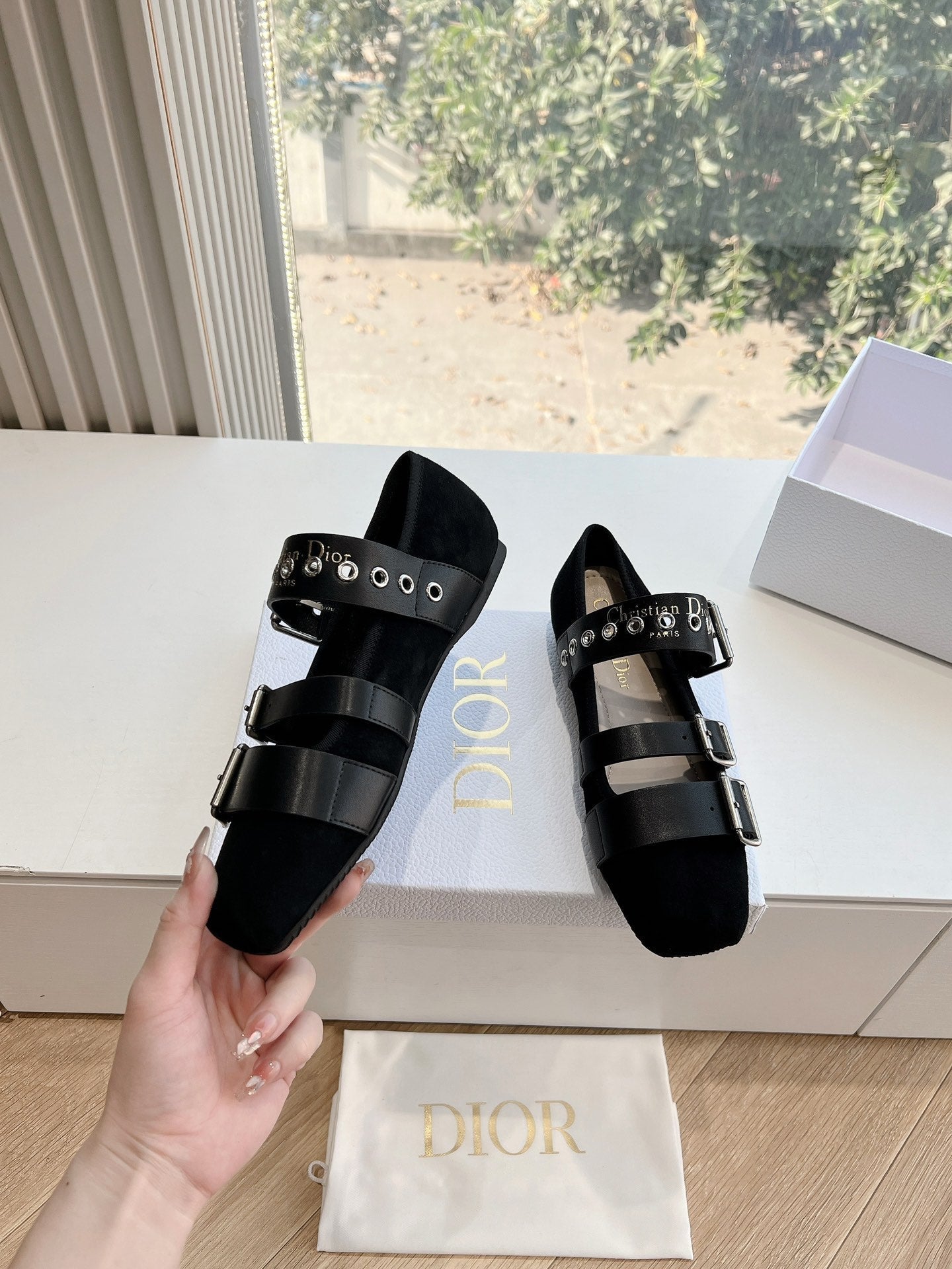 DIOR PUNK BALLET FLAT IN BLACK SUEDE AND SUPPLE CALFSKIN