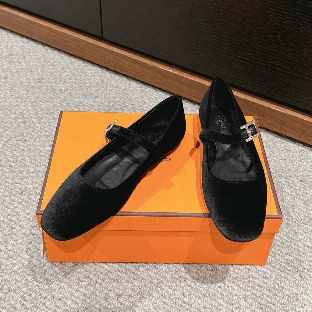 HERMES JANE BALLET FLAT BLACK VELVET
