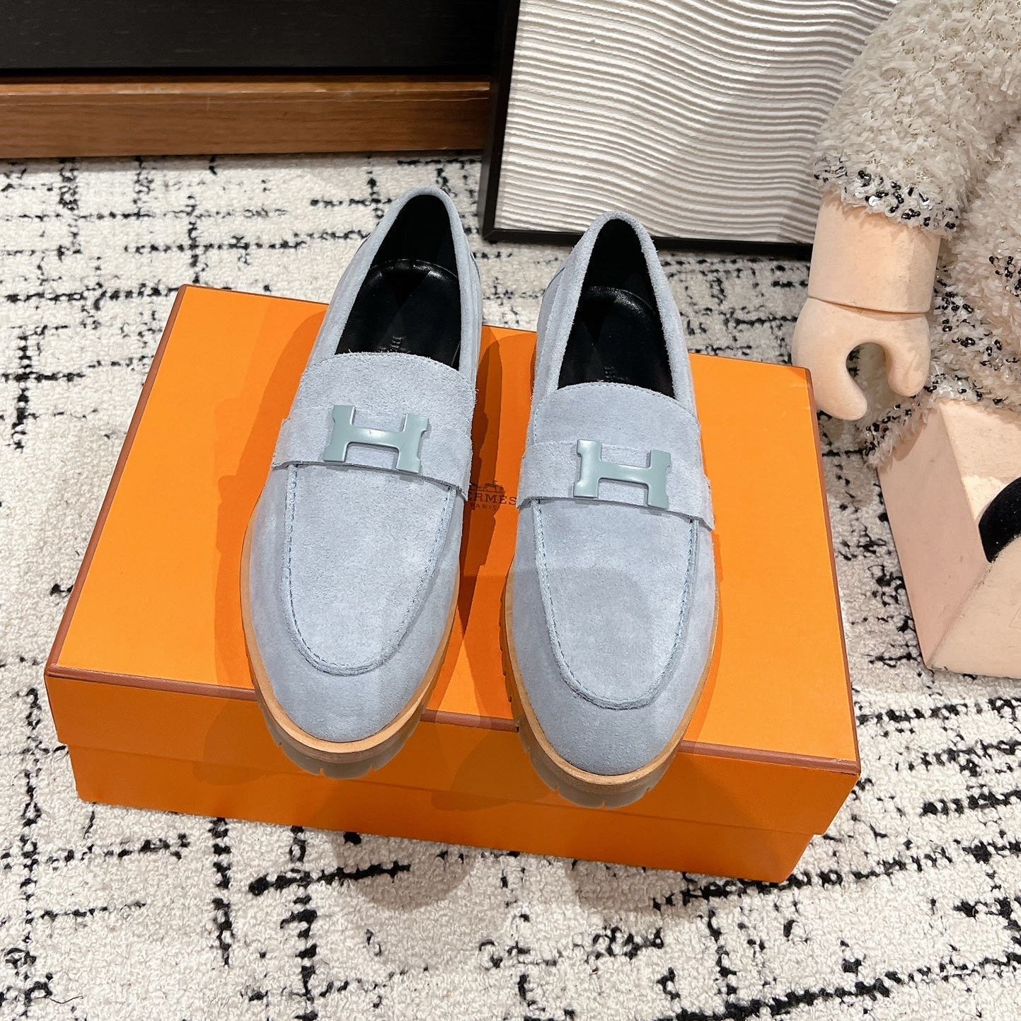 HERMES PARIS LOAFER IN BLUE SUEDE BLUE HARDWARE