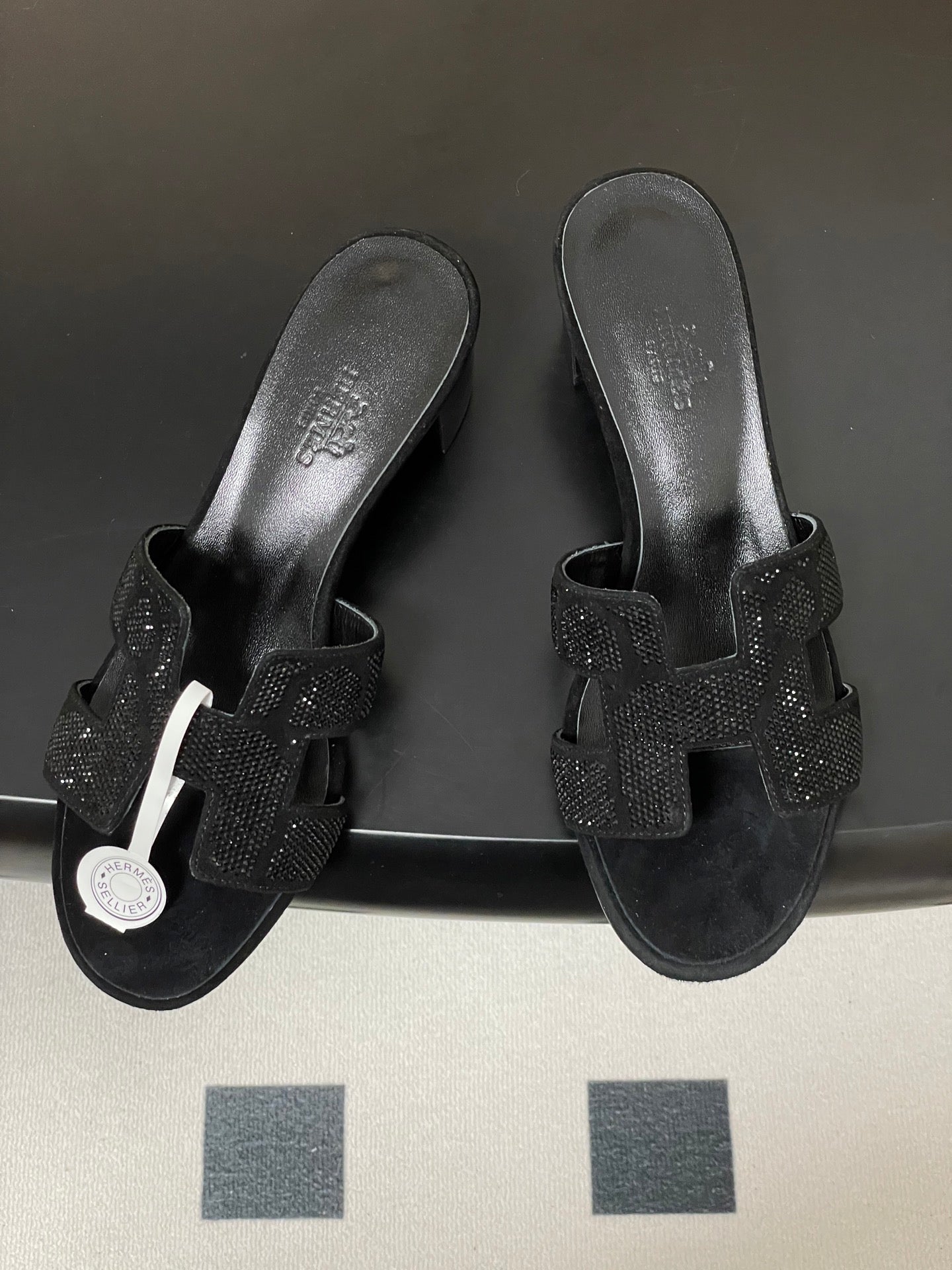 HERMES 25S ORAN HIGH‑HEEL SANDAL 50 MM IN BLACK LAMBSKIN WITH STONE DETAILS