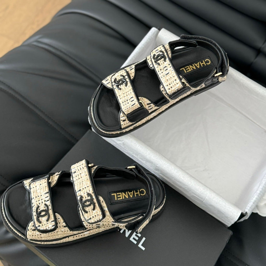 CHANEL Dad Sandals Sheepskin  Beige Black
