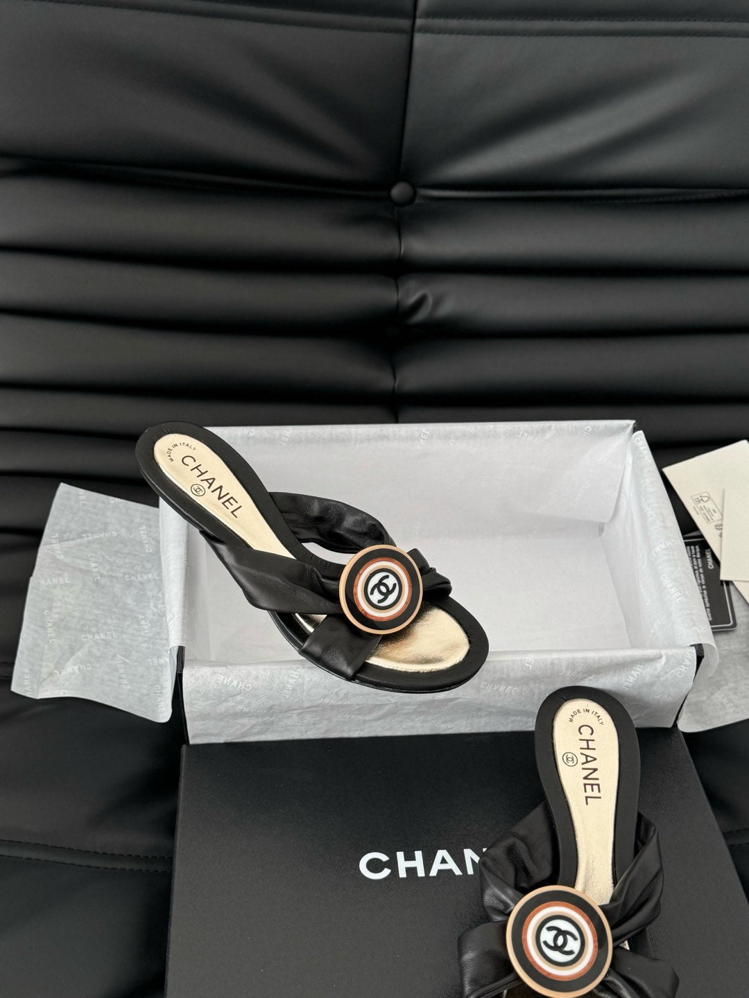 CHANEL BLACK LAMBSKIN  SLIDE SANDALS