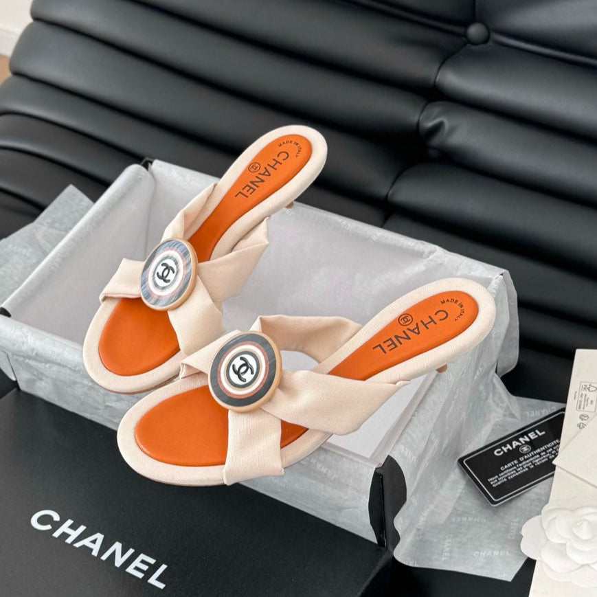 CHANEL VIVID ORANGE FABRIC  SLIDE SANDALS