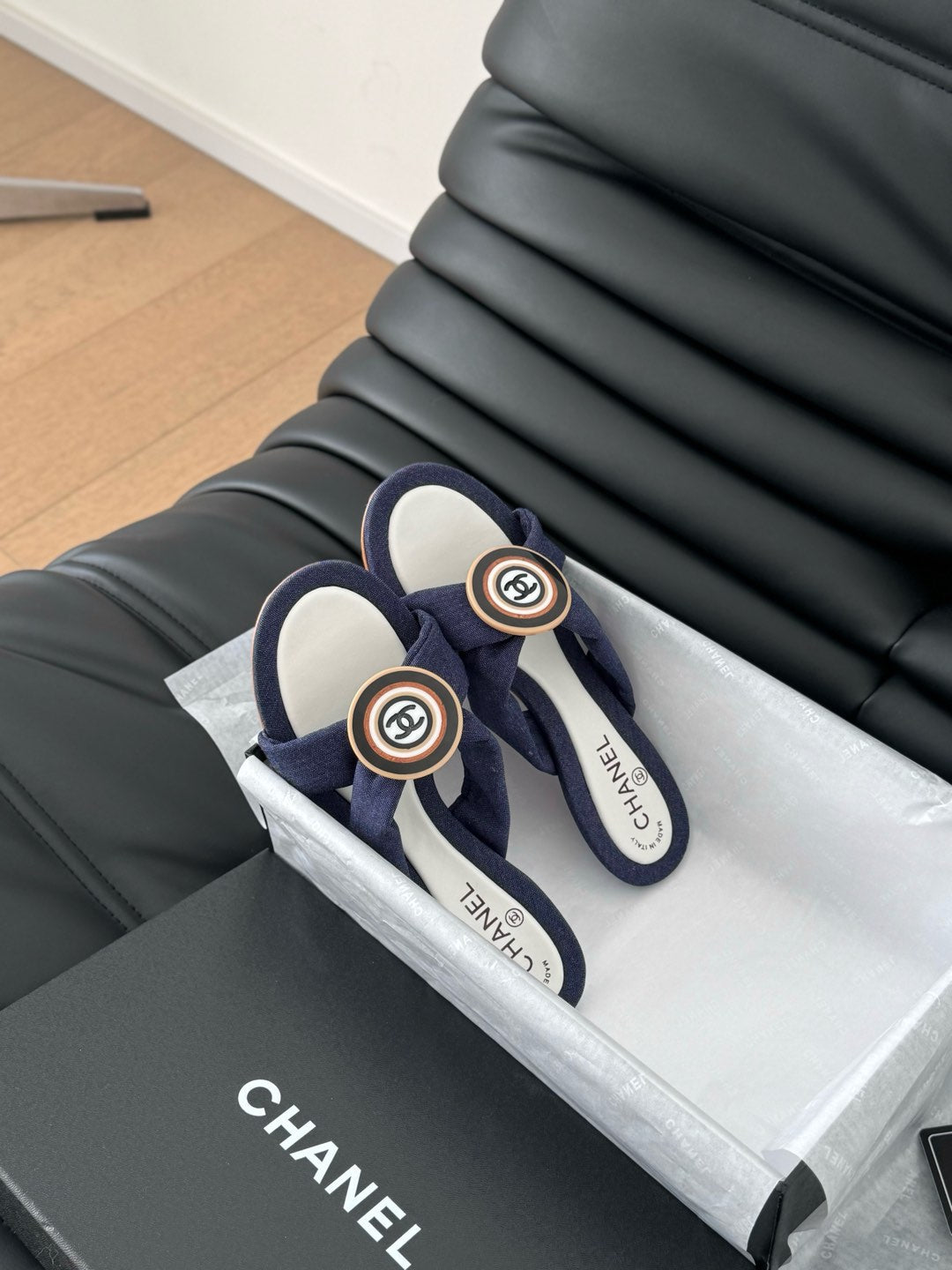 CHANEL NAVY BLUE FABRIC  SLIDE SANDALS
