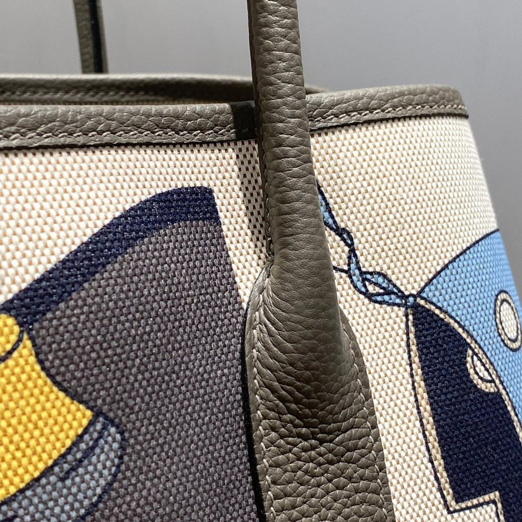 HERMES GARDEN PARTY 36 IN IVORY YELLOW BLUE TOILE H CANVAS ETOUPE CALFSKIN EQUESTRIAN HARNESS PRINT