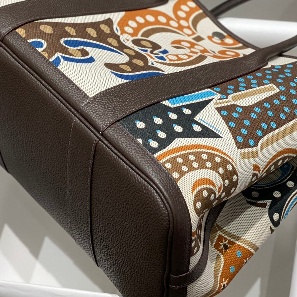 HERMES GARDEN PARTY 36 IN MULTICOLOR TOILE H CANVAS DARK BROWN CALFSKIN ABSTRACT GRAPHIC PRINT